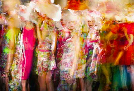 Backstage of Galliano fashion show with high color saturation